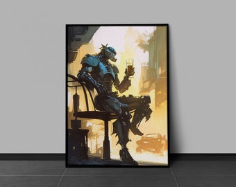 Neo Cyber Robot Relaxes with a Beer: Vibrant Ink Color Print of a Futuristic Scene