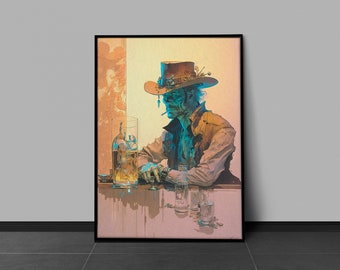 Neo Noir Cowboy Takes a Break: Vibrant Ink Color Print of a Futuristic Saloon Scene
