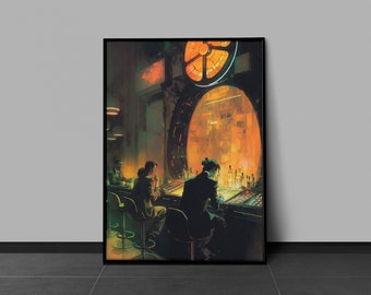 Neo Noir Pachinko Parlor: Vibrant Ink Color Print of a Futuristic Arcade Scene