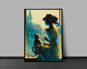 Neo Noir Flapper Girl & Feline Companion: Vibrant Ink Color Print of a Futuristic Cityscape