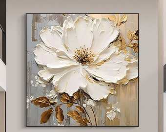 Extra Large Flower Oil Painting on Canvas, Original Abstract Floral Wall Art Minimalist Art Custom Painting White Decor Living Room Decor