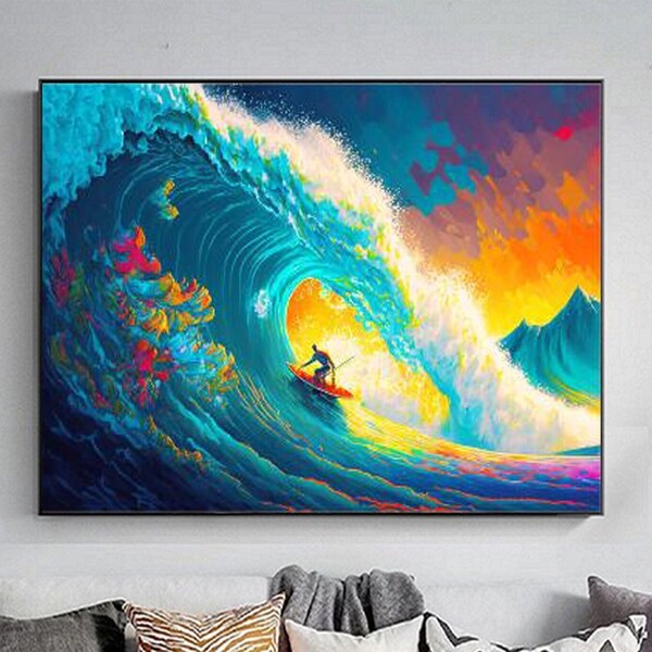 Abstract Surfer Sports Oil Painting On Canvas, Large Wall Art, Original Custom Surf Painting, Ocean Wave Art Summer Décor, Living Room Decor