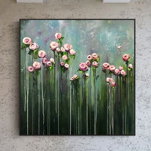 Large Pink Flower Oil Painting on Canvas, Original Abstract Green Spring Floral Landscape Painting, Modern Wall Art Living Room Home Decor