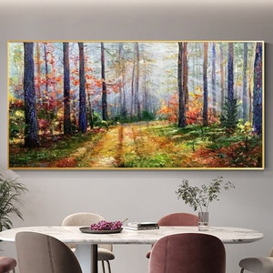 Original Sunset Forest Landscape Oil Painting on Canvas,Large Abstract Colorful Textured Tree Acrylic Wall Art Modern Living Room Home Decor