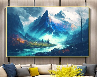 Abstract Mountain Oil Painting on Canvas, Large Wall Art Original Nature Landscape Art Blue Decor Custom Painting Living Room Home Decor