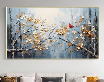 Abstract Blossom Tree Oil Painting on Canvas,Large Wall Art Original Flower Art Bird Painting Winter Decor Custom Painting Living Room Decor