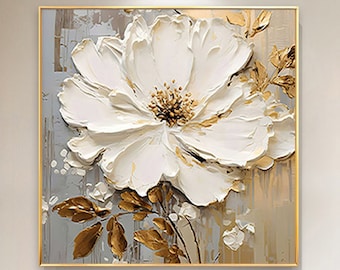 Pintura al óleo de flores extra grande sobre lienzo, arte mural floral abstracto original arte minimalista pintura personalizada decoración blanca decoración de la sala de estar