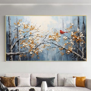 Abstract bloesem boom olieverfschilderij op doek, grote muur kunst originele bloem kunst vogel schilderij winter decor aangepaste schilderij woonkamer decor