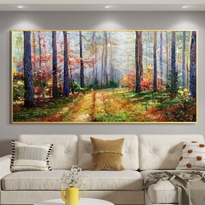 Original Sunset Forest Landscape Oil Painting on Canvas,Large Abstract Colorful Textured Tree Acrylic Wall Art Modern Living Room Home Decor