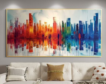 Large Abstract Coastal Cityscape Oil Painting on Canvas Wall Art, Original Colorful Building Painting Trendy Wall Art Living Room Home Decor