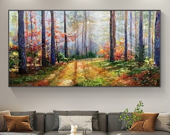 Original Sunset Forest Landscape Oil Painting on Canvas,Large Abstract Colorful Textured Tree Acrylic Wall Art Modern Living Room Home Decor