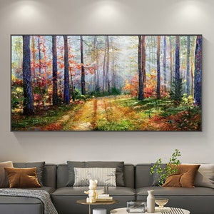 Original Sunset Forest Landscape Oil Painting on Canvas,Large Abstract Colorful Textured Tree Acrylic Wall Art Modern Living Room Home Decor