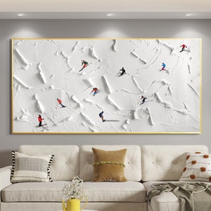 Abstract Ski Sport Oil Painting on Canvas, Large Original Texture Snowy Minimalist Skiing Wall Art Living Room Home Decor Personalized Gift