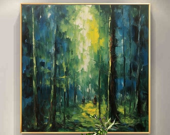 Original Wald Ölgemälde auf Leinwand, große Wandkunst, abstrakte grüne Baumlandschaftsmalerei, individuelle Malerei, moderne Wohnzimmerdekoration