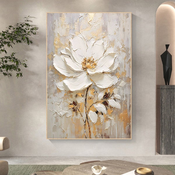 Minimalist Flower Oil Painting on Canvas, Large Wall Art Original Floral Wall Art Abstract Custom Painting Gold Decor Modern Living Room Art