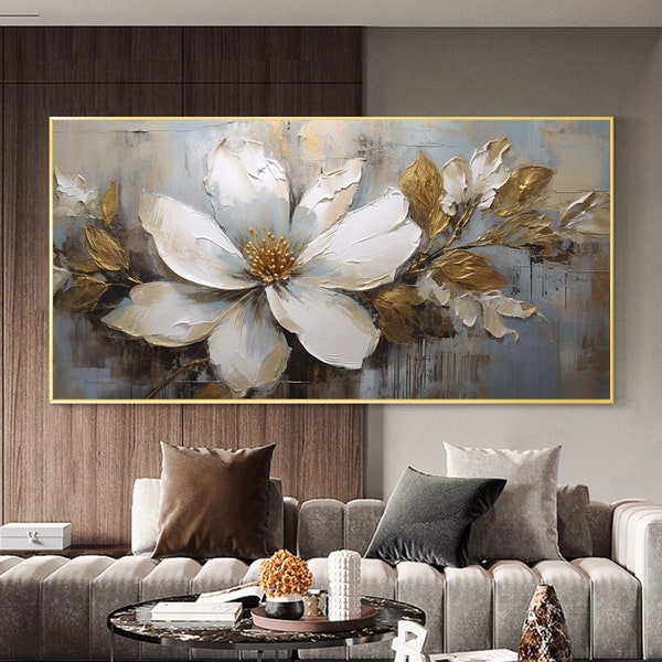 Abstract Flower Oil Painting on Canvas, Extra Large Wall Art Original Floral Art Custom Painting White Decor Minimalist Living Room Decor