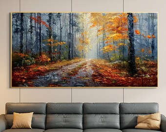 Paysage forestier original peinture à l'huile sur toile, grand art mural abstrait jaune texturé arbre art mural, peinture personnalisée décoration de salon