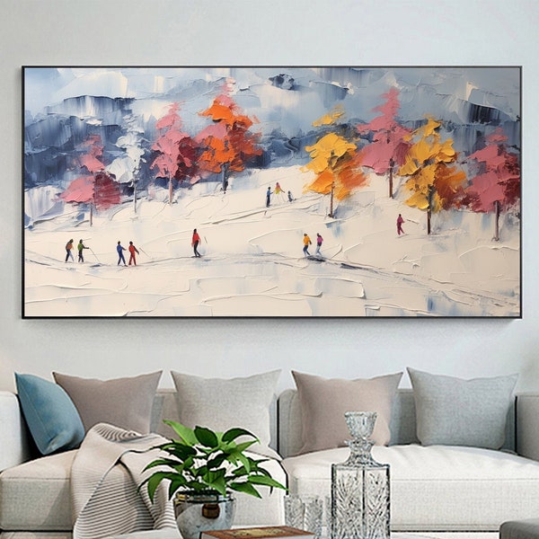 Abstraktes Skilaufen Sport Ölgemälde auf Leinwand, große Wandkunst, ursprüngliche minimalistische Schnee-Gebirgskunst-Baum-Landschaftsmalerei Wohnzimmer-Dekor