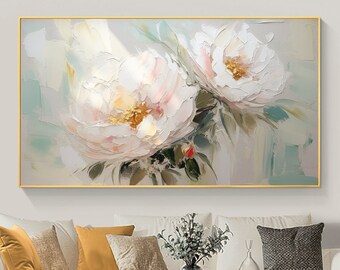 Pintura al óleo de flores original sobre lienzo, arte de pared grande, arte floral abstracto, decoración blanca, pintura personalizada, regalo minimalista para decoración de sala de estar