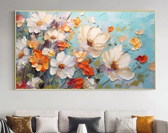 Fiore astratto dipinto ad olio su tela, grande arte da parete originale spatola arte floreale, pittura personalizzata regalo di arredamento minimalista per soggiorno