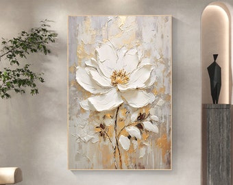 Pintura al óleo de flores minimalistas sobre lienzo, arte de pared grande Arte floral original de la pared Pintura personalizada abstracta Decoración de oro Arte moderno de la sala de estar