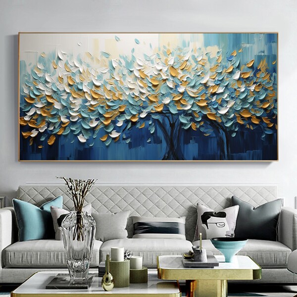 Arbre en fleurs original peinture sur toile, grand art mural abstrait art bloc bleu, peinture personnalisée, décoration de salon minimaliste, cadeau pour elle