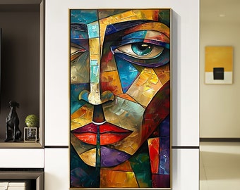 Visage texturé coloré original peinture à l'huile sur toile grande oeuvre d'art mural, peinture abstraite de fille, art mural bohème salon décoration d'intérieur cadeau