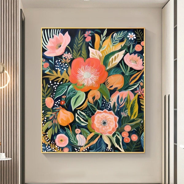 Peinture à l'huile abstraite de fleurs colorées sur toile, grande oeuvre d'art murale, art floral vert original, peinture personnalisée, cadeau de décoration d'intérieur de salon