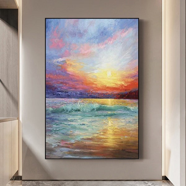 Abstrakte bunte Sonnenuntergang Seelandschaft Ölgemälde auf Leinwand, Benutzerdefinierte Textur Ozean Landschaft Acrylbild Moderne Wandkunst Wohnzimmer Dekor