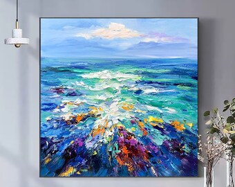 Original Blue Ocean Texture Oil Painting on Canvas, Large Abstract Seascape Palette Knife Acrylic Painting Living Room Wall Art Home Decor
