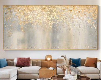 Large Abstract Gold Leaf Oil Painting on Canvas, Original Boho Gold Foil Texture Acrylic Painting Modern Living Room Wall Art Home Decor