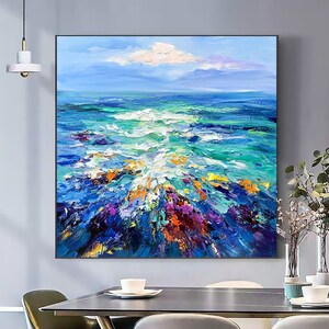 Original Blue Ocean Texture Oil Painting on Canvas, Large Abstract Seascape Palette Knife Acrylic Painting Living Room Wall Art Home Decor