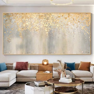 Large Abstract Gold Leaf Oil Painting on Canvas, Original Boho Gold Foil Texture Acrylic Painting Modern Living Room Wall Art Home Decor