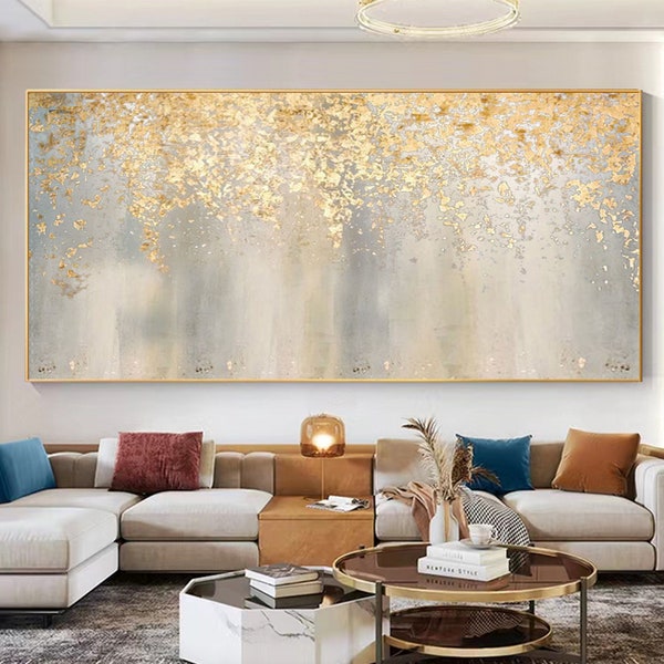 Large Abstract Gold Leaf Oil Painting on Canvas, Original Boho Gold Foil Texture Acrylic Painting Modern Living Room Wall Art Home Decor