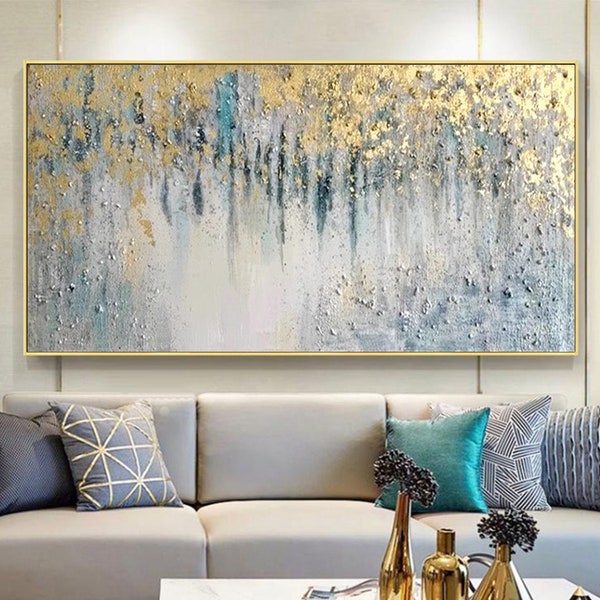 Abstract Gold Foil Texture Oil Painting on Canvas, Original Handmade Gold Leaf Wall Art Modern Abstract Painting Living Room Home Decor