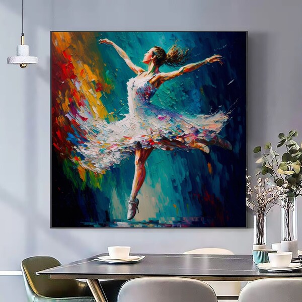 Danseuse de ballet originale, peinture à l'huile sur toile, grande oeuvre d'art murale, peinture abstraite texturée bleue de personnes, peinture personnalisée, cadeau de décoration de salon