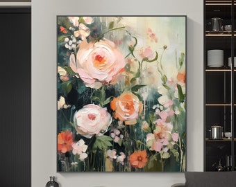 Abstrakte rosa Blumen Ölgemälde auf Leinwand, großes Wandbild, original grüne Blumenkunst, individuelle Malerei, modernes Wohnzimmer Geschenk