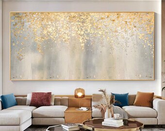 Large Abstract Gold Leaf Oil Painting on Canvas, Original Boho Gold Foil Texture Acrylic Painting Modern Living Room Wall Art Home Decor