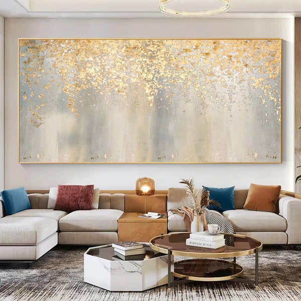 Large Abstract Gold Leaf Oil Painting on Canvas, Original Boho Gold Foil Texture Acrylic Painting Modern Living Room Wall Art Home Decor