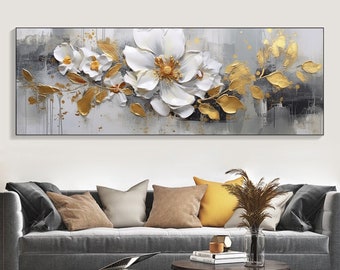 Pintura al óleo de flores originales sobre lienzo, arte de pared grande, pintura floral de oro abstracto, pintura personalizada, regalo de decoración de pared de sala de estar moderna