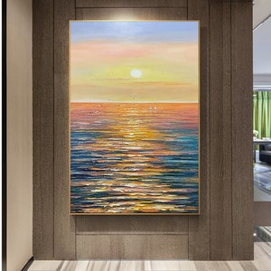 Large Sunset Seascape Oil Painting on Canvas, Original Abstract Yellow Beach Landscape Painting Textured Wall Art Living Room Home Decor