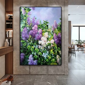 Abstract Lilac Flower Oil Painting on Canvas, Large Original Purple Floral Landscape Acrylic Painting Modern Living Room Wall Art Home Decor