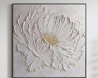 Large Heavy Textured Flower Oil Painting on Canvas, Original Abstract White Floral Landscape Acrylic Wall Art Modern Living Room Home Decor