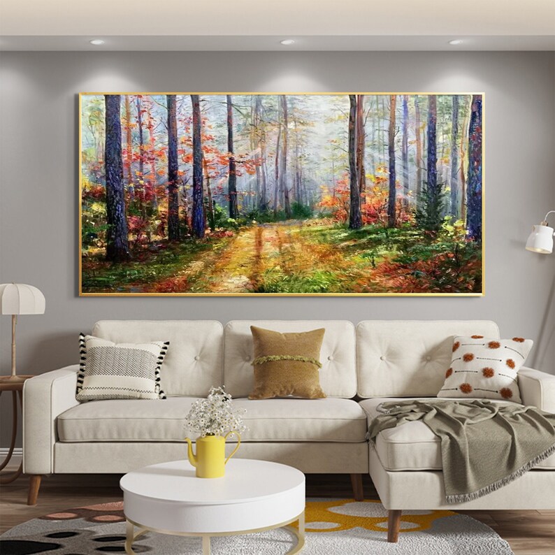 Original Sunset Forest Landscape Oil Painting on Canvas,Large Abstract Colorful Textured Tree Acrylic Wall Art Modern Living Room Home Decor