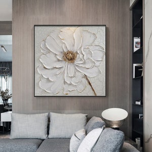 Original Abstract 3D White Flower Oil Painting on Canvas, Large Heavy ...