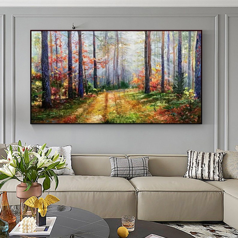 Original Sunset Forest Landscape Oil Painting on Canvas,Large Abstract Colorful Textured Tree Acrylic Wall Art Modern Living Room Home Decor