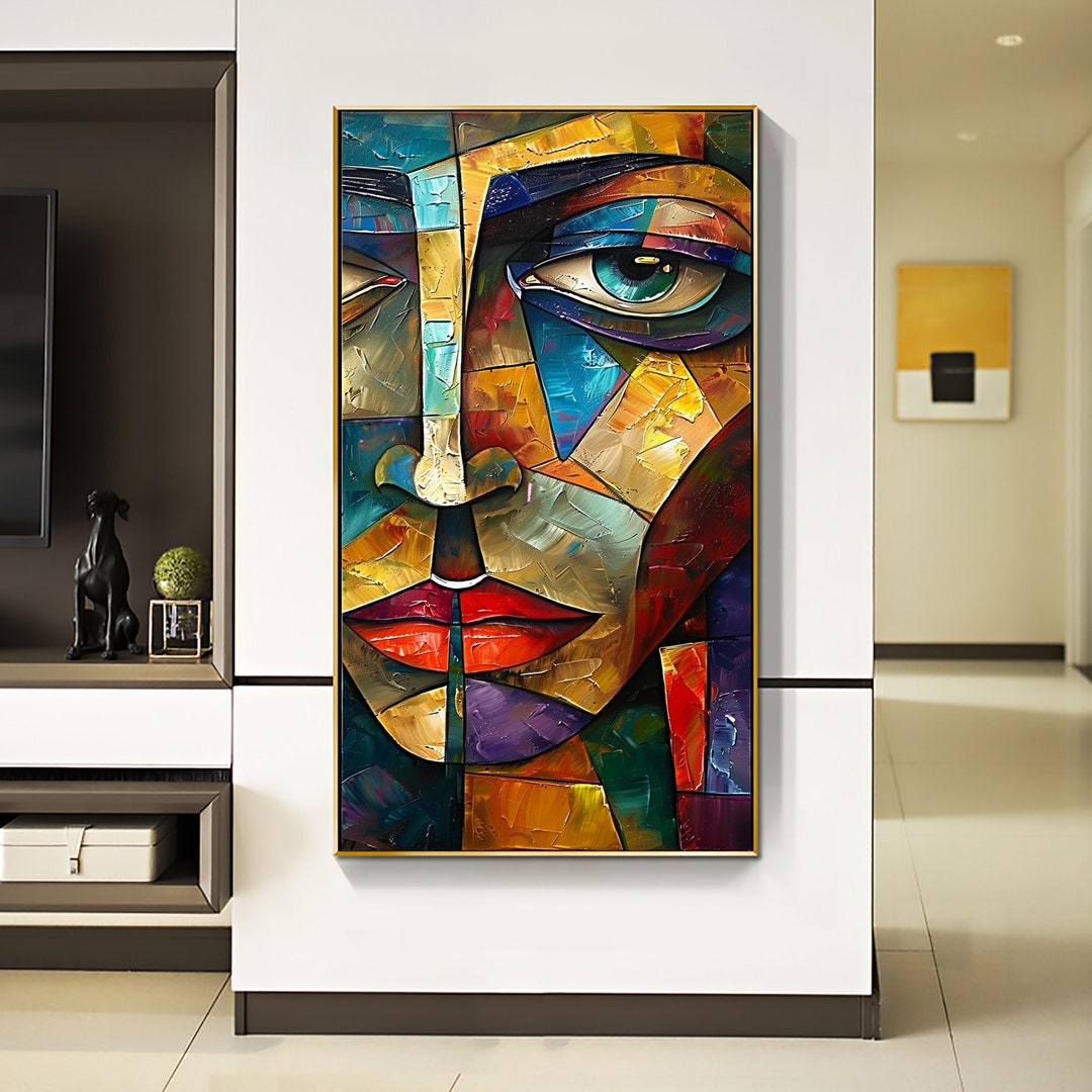 Original Colorful Textured Face Oil Painting on Canvas Large Wall Art ...