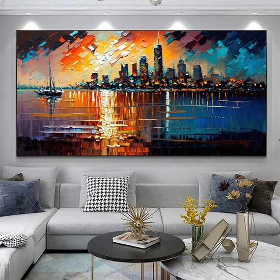  100% Hand-Painted Original Oil Painting Large Abstract Wall Art Above  Couch Wall Decor Wall Decor Living Room Abstract Large Landscape Acrylic  Painting Women Gifts for Christmas 48X24 Unframed: Paintings