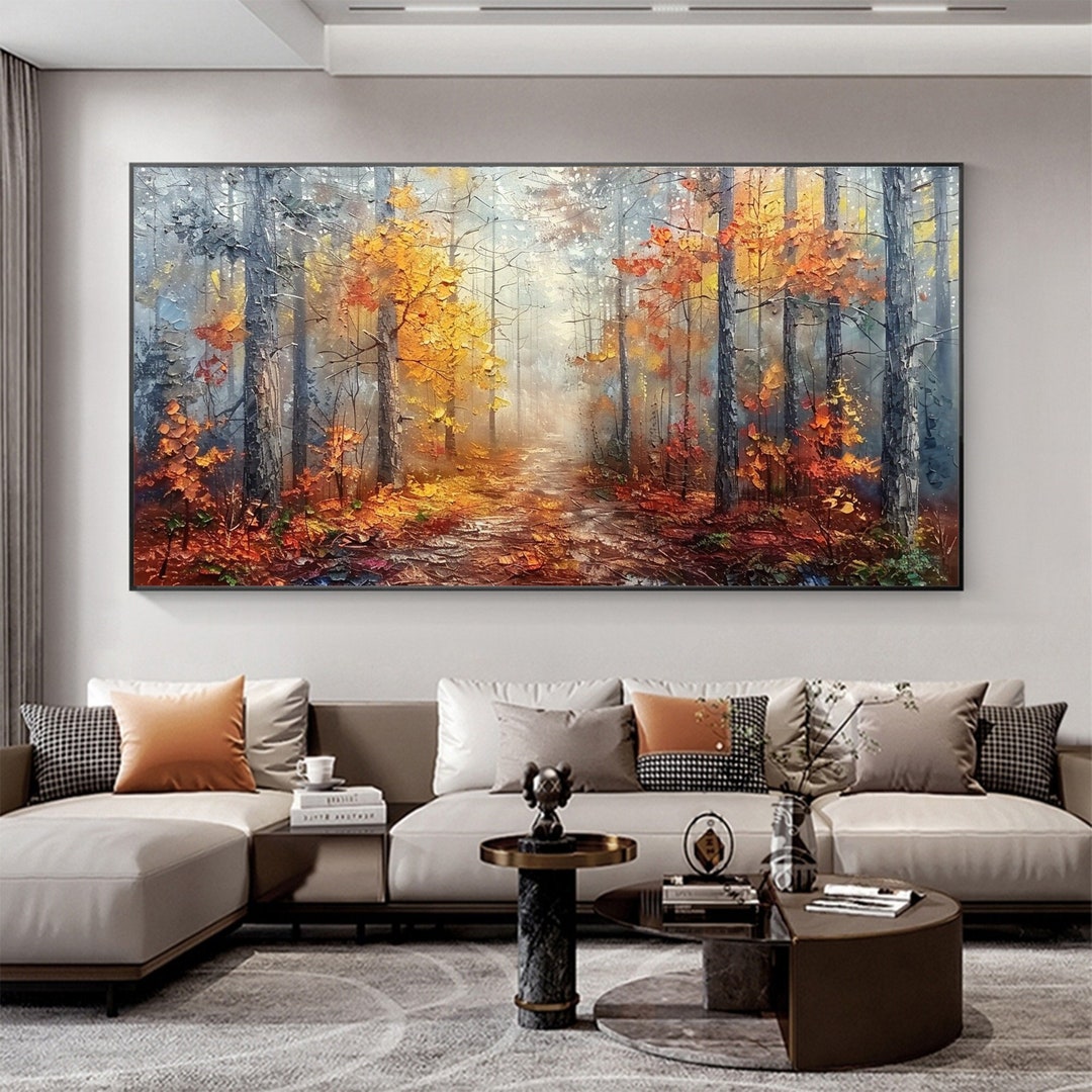 Abstract Forest Landscape Oil Painting on Canvas, Large Wall Art Original Yellow Textured Tree ...