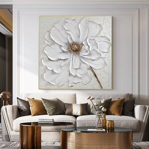 Original Abstract 3D White Flower Oil Painting on Canvas, Large Heavy ...